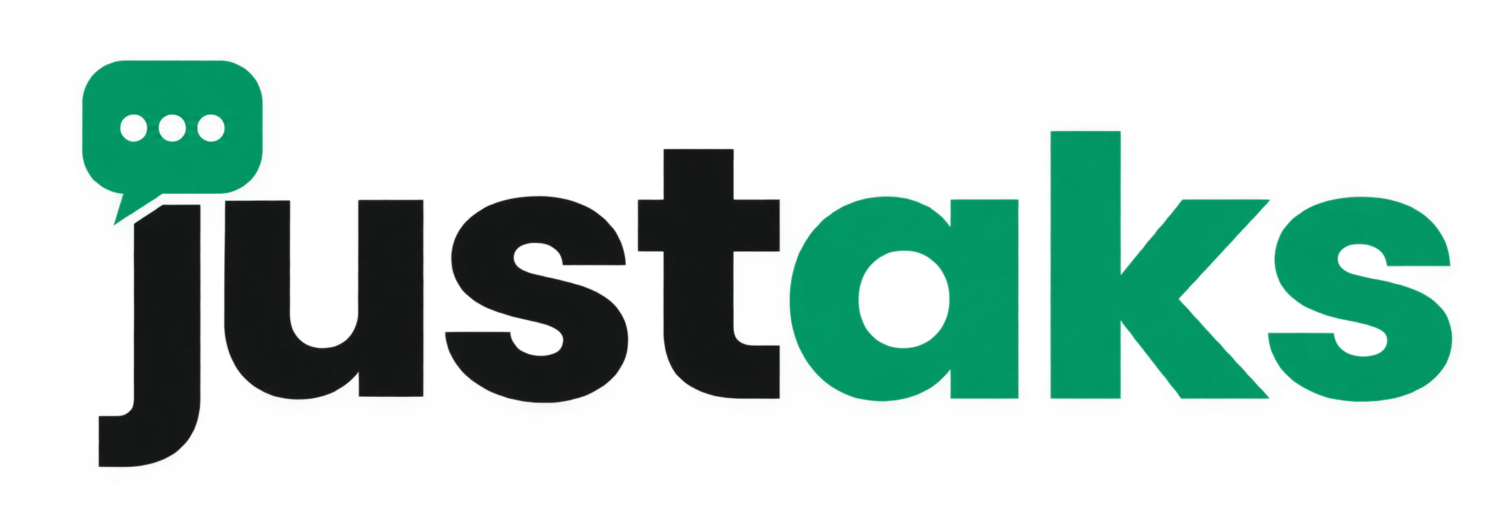 Official justaks logo with black just, green aks, and a speech bubble above the j